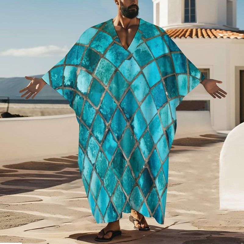 Hegropy Turquoise Blue Pattern Men's V-neck Robe Middle East Arabian Robe Butterfly Sleeves Kaftan - Image 2